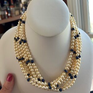 Vintage Six-Strand Faux-Pearl and Blue Bead Necklace